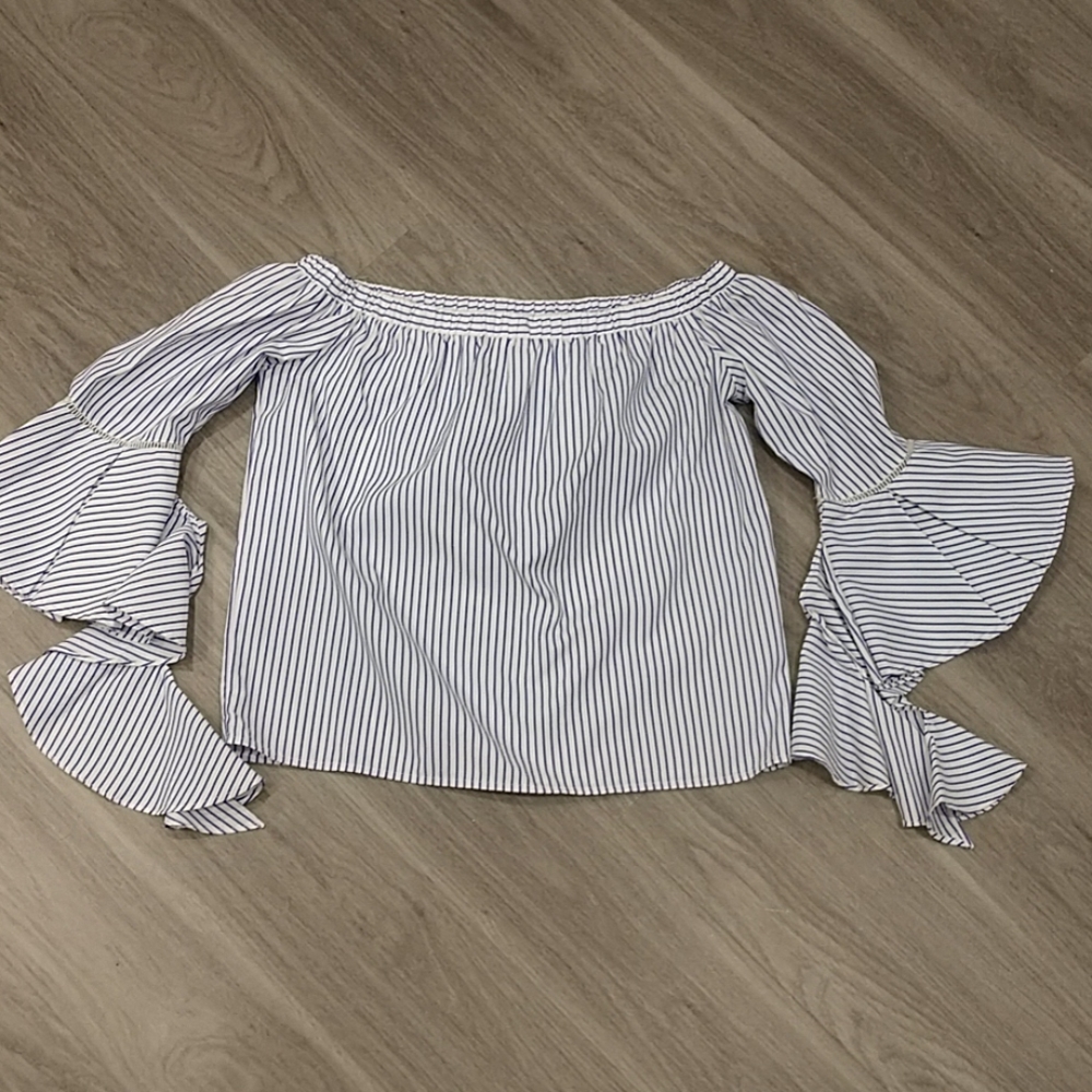 Off-Shoulder Blue White Top Flutter Bell Sleeves